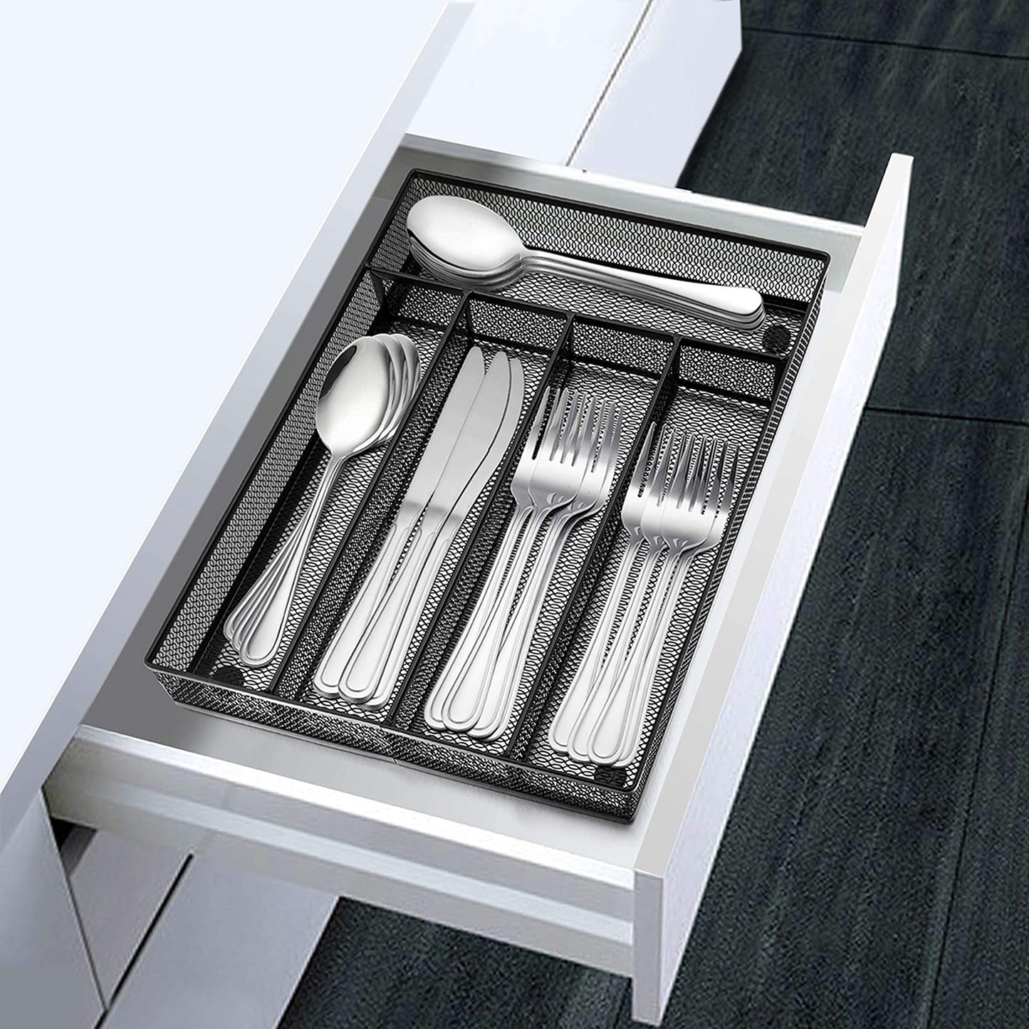 LIANYU Silverware Utensil Drawer Organizer, 5 Compartments Steel Mesh Cutlery Flatware Tray with Foam Feet, 9 1/4" W x 12 1/2" L x 2" H, Black