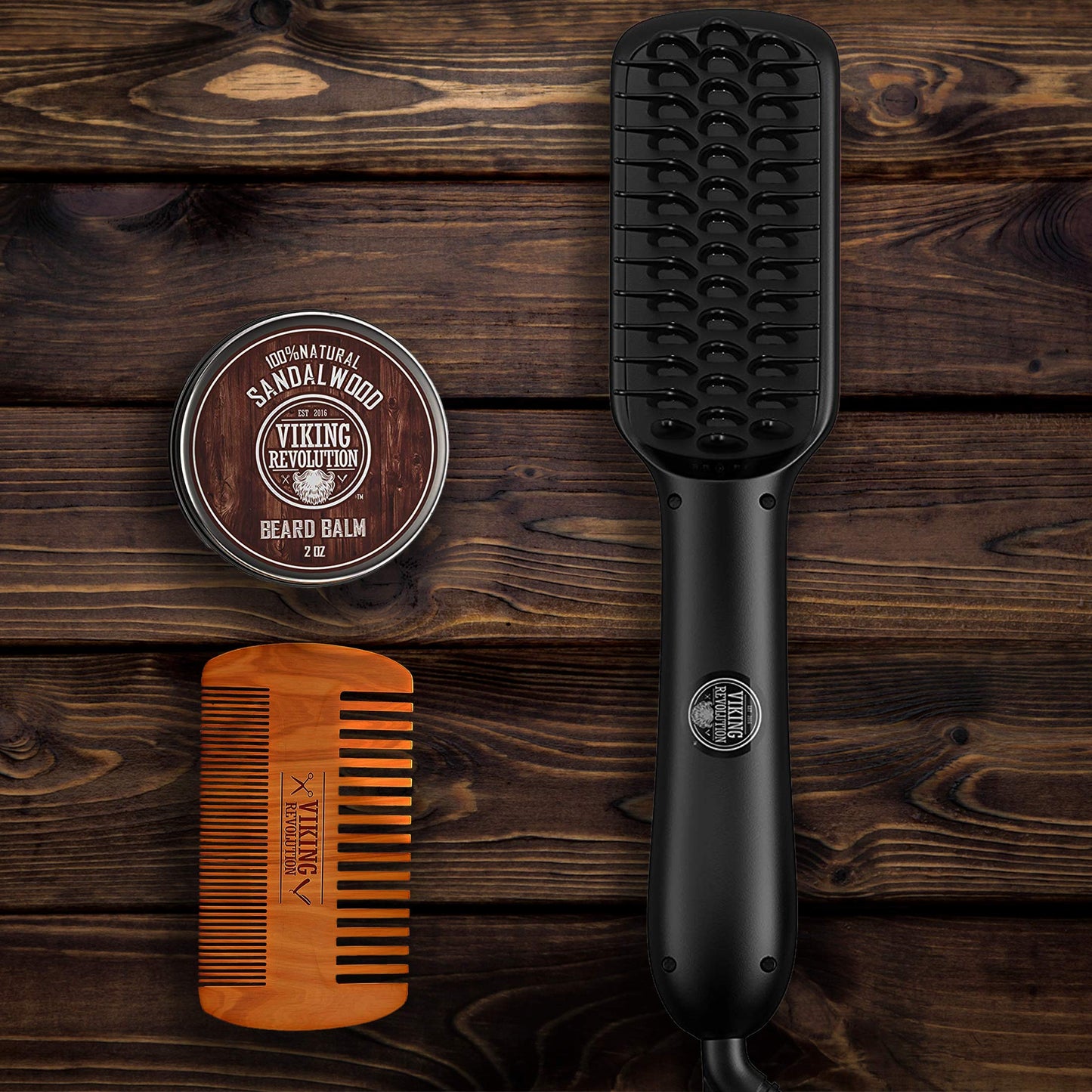 Beard Straightener Brush for Men - Fast Heating Ceramic and Ionic Mens Beard Straightener Comb - Heated Beard Brush - Includes Wooden Beard Comb & Beard Balm with Sandalwood Scent