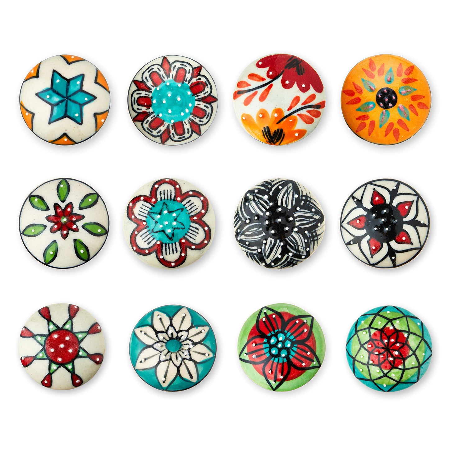 KnobKnob Set of 12 Colorful Multi Design Handmade Ceramic Knobs | Ceramic Cabinet Knobs | Drawer Pulls Ideal for Home, Kitchen or Office | Drawer Knobs Come with 1 Wrench, Screw Cap & Extra Bolts