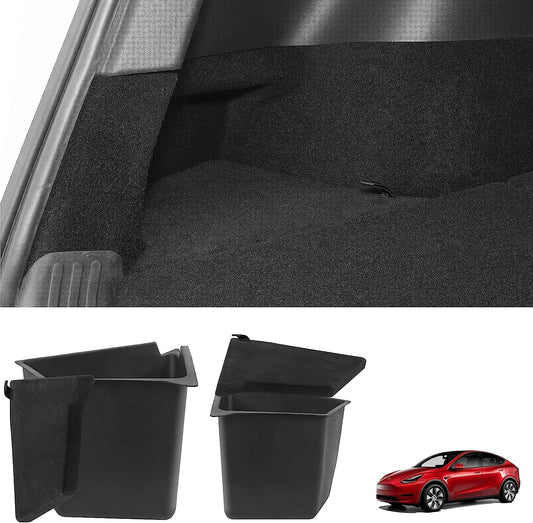 BASENOR 2022-2023 Tesla Model Y Trunk Organizer Waterproof Rear Trunk Storage Bins Side Box with Carpeted Lip Interior Accessories Set of 2 for Model Y 5-Seater