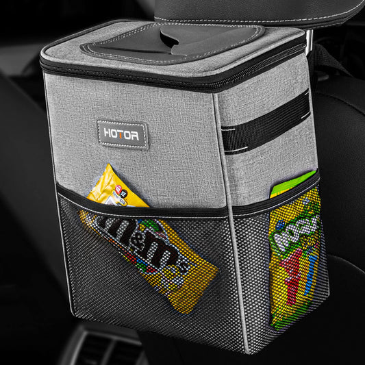 HOTOR Car Trash Can - Multifunctional Car Accessory for Interior Stuff with Compact Design, Waterproof Organizer and Storage with Adjustable Straps, Magnetic Snaps (Light Gray)