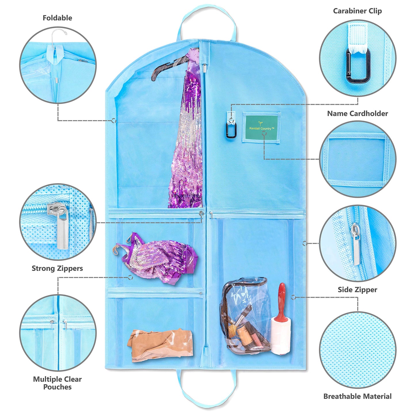 Waterproof Hanging Garment Bag 40 inch Clothes Bag with Gusset, 5 Pockets & Side Zip for Dance Costumes, Sports, Skating, Theatre, Beauty Pageants, Cheer & More by Kendall Country, Sky Blue