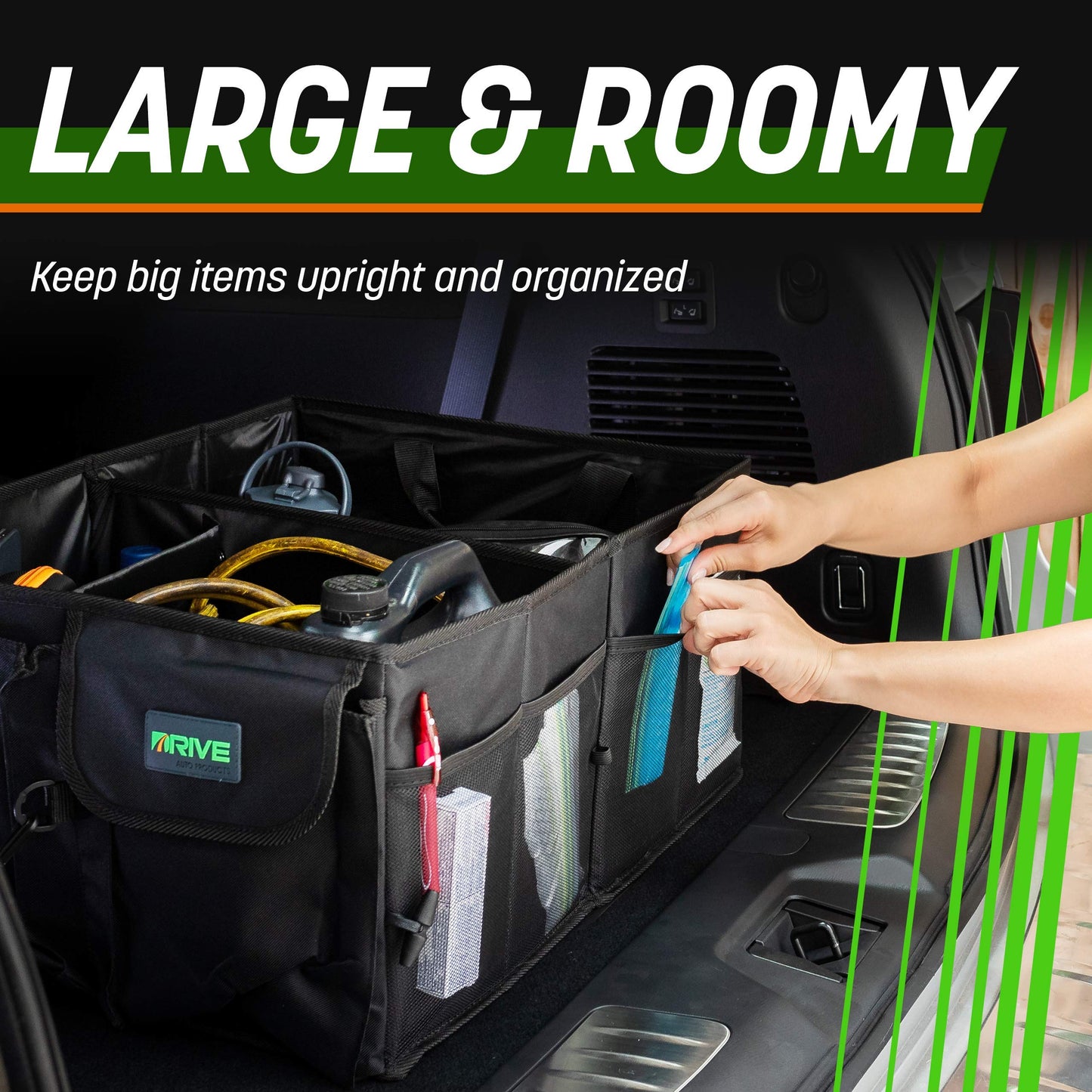 Drive Auto Car Trunk Organizer - Collapsible, Multi-Compartment Automotive SUV Car Organizer for Storage w/Adjustable Straps - Truck & Car Accessories for Women and Men - Black