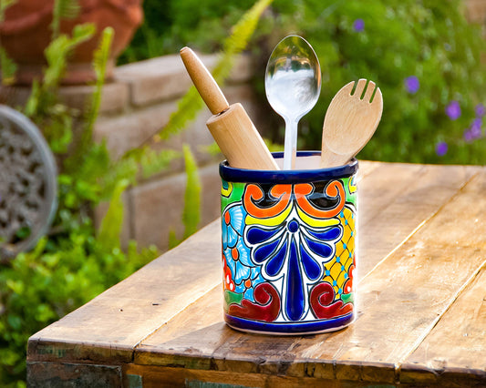 Enchanted Talavera Ceramic Large Utensil Holder Spatula Crock Kitchen Counter Organizer Mexican Pottery Utensils Tools Caddy Spoon Rest White Ceramic (Cobalt Large (7.5" H x 6" W))