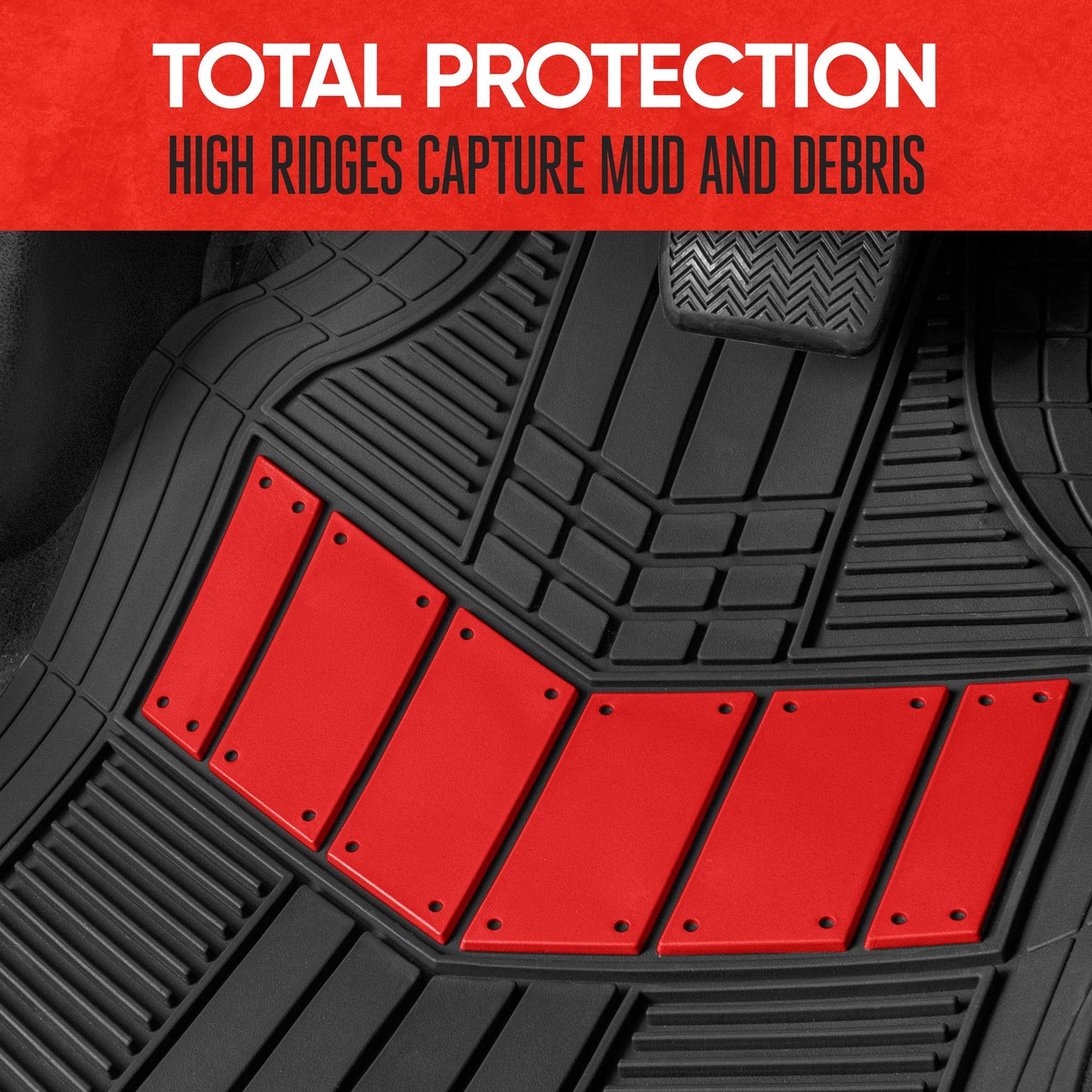 Motor Trend DualFlex Two-Tone Sport Design All-Weather Rubber Floor Mats for Car, Truck, Van & SUV - Waterproof Front & Rear Liners with Drainage Channels, Red