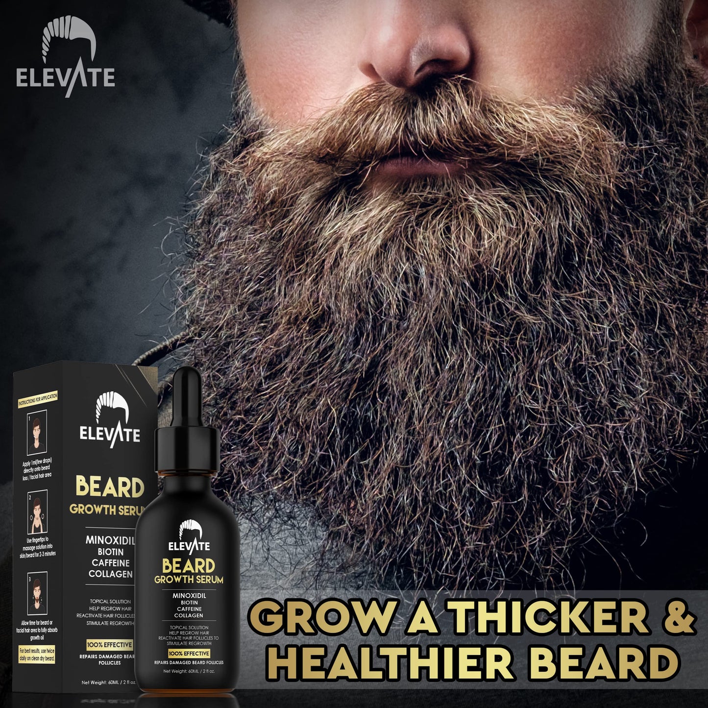 Elevate Beard Growth Oil 5% Minoxidil Hair Growth Serum with Biotin & Caffeine – Grow a Stronger Thicker Fuller Beard Faster – Natural Facial Hair Treatment for Grooming Thickening and Volume 1 Fl Oz