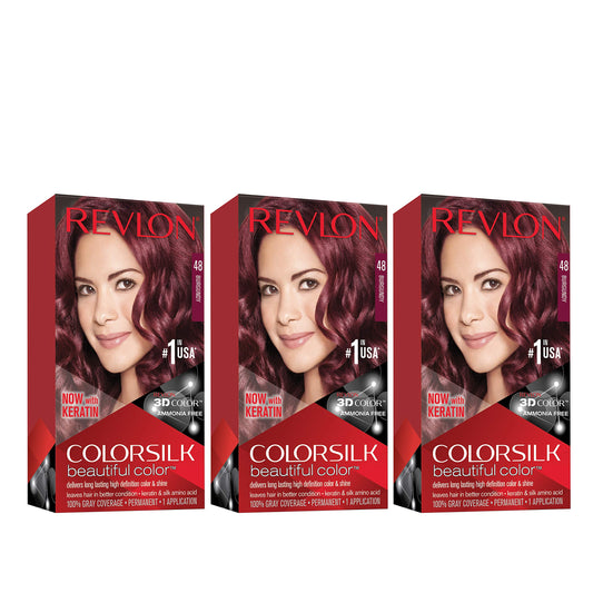 Revlon Permanent Hair Color, Permanent Hair Dye, Colorsilk with 100% Gray Coverage, Ammonia-Free, Keratin and Amino Acids, 48 Burgandy, 4.4 Oz (Pack of 3)