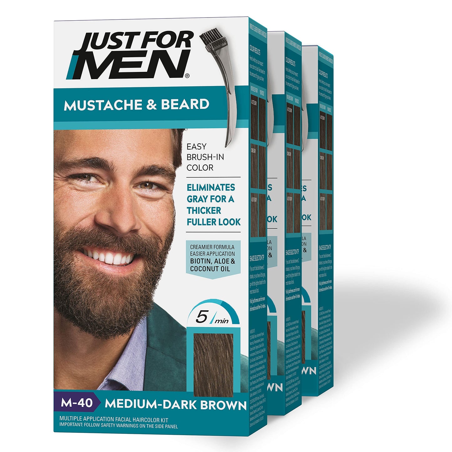 Just For Men Mustache & Beard, Beard Dye for with Brush Included Easy Application, With Biotin Aloe and Coconut Oil Healthy Facial Hair - Medium-Dark Brown, M-40, Pack of 3