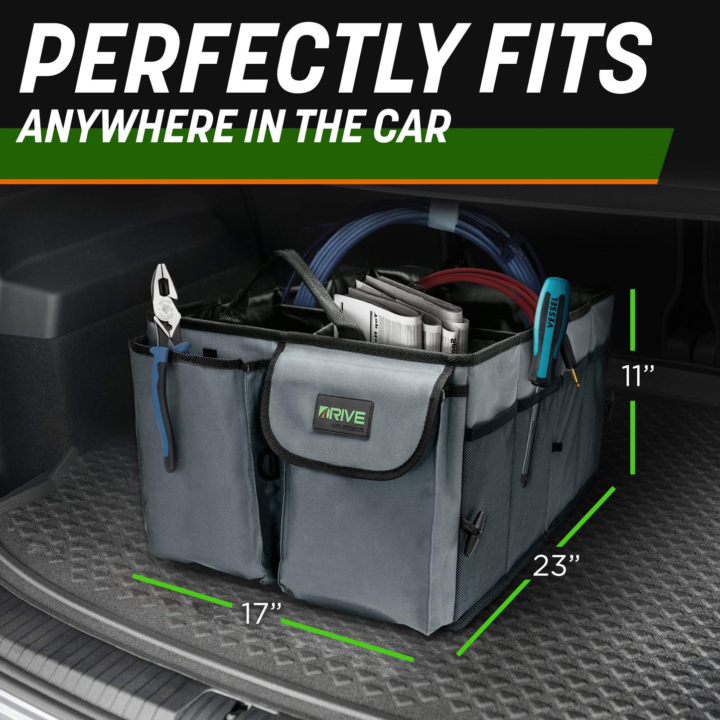 Drive Auto Car Trunk Organizer - Collapsible, Multi-Compartment Automotive SUV Car Organizer for Storage w/Adjustable Straps - Truck & Car Accessories for Women and Men - Black