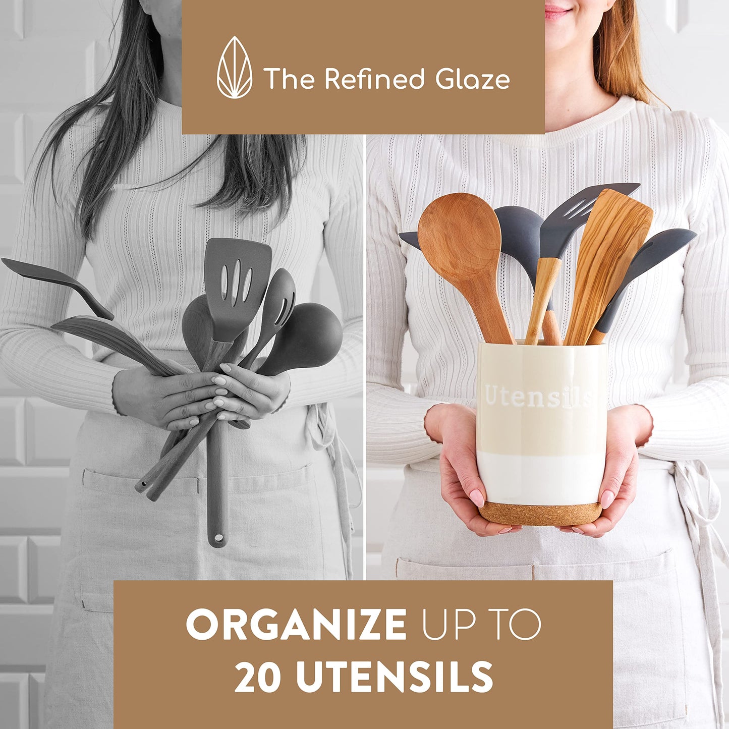 The Refined Glaze Ceramic Utensil Holder for Kitchen Counter - Large Utensil Crock Organizer with a Cork Base (H7 x W5) - Modern Farmhouse Decor for the Kitchen - Spatula Holder (Beige & White)