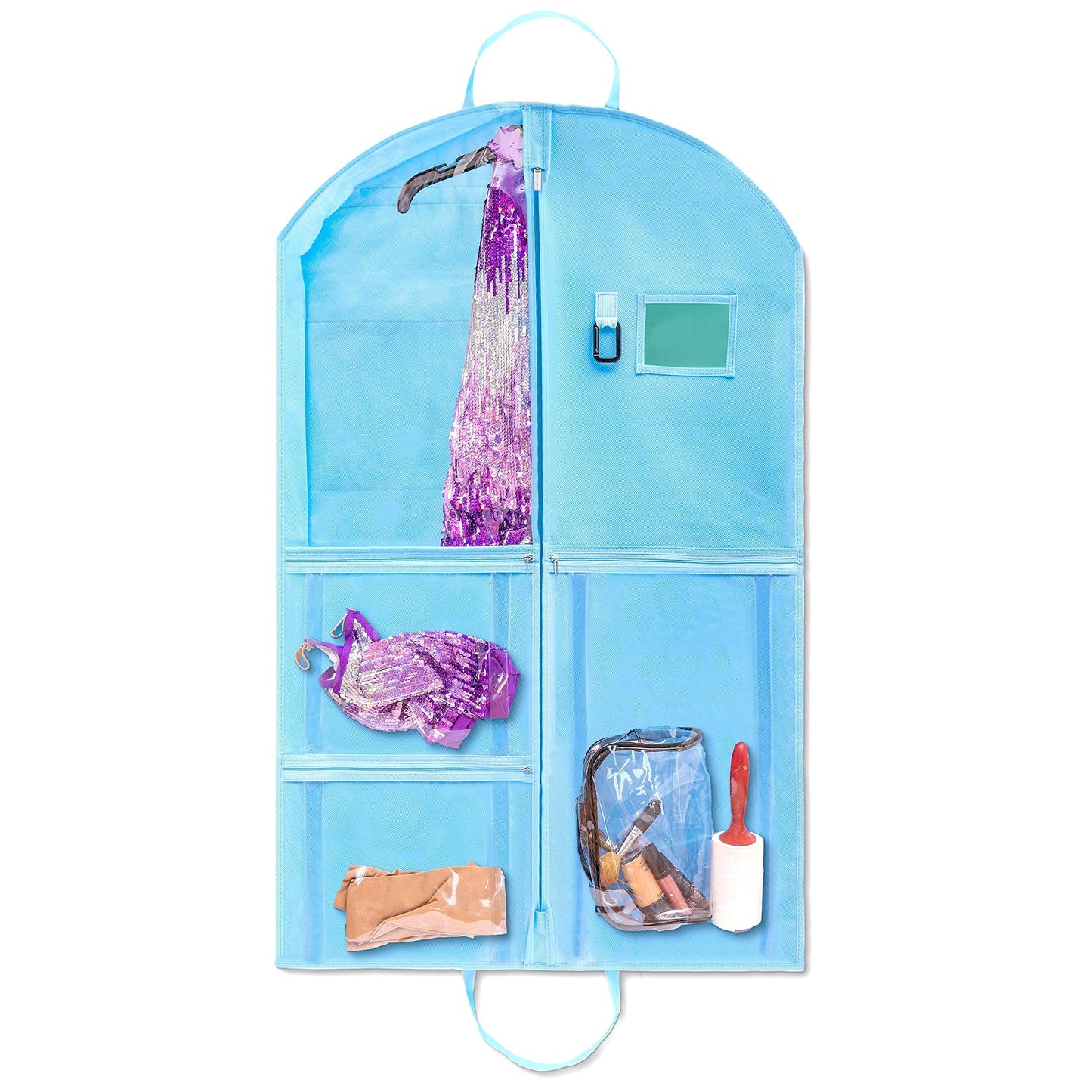 Waterproof Hanging Garment Bag 40 inch Clothes Bag with Gusset, 5 Pockets & Side Zip for Dance Costumes, Sports, Skating, Theatre, Beauty Pageants, Cheer & More by Kendall Country, Sky Blue