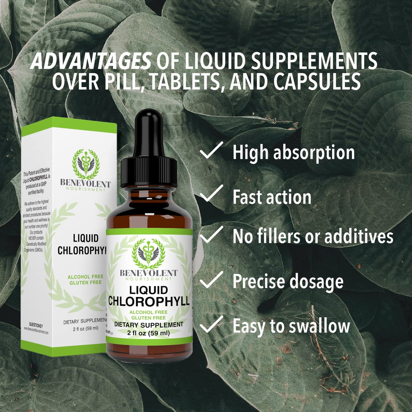 Benevolent Chlorophyll Liquid Drops - 100% Natural + 4X Potency Concentration for Energy Boost, Immune System Support, Internal Deodorant, Altitude Sickness. Not Watered Down. Minty Flavor