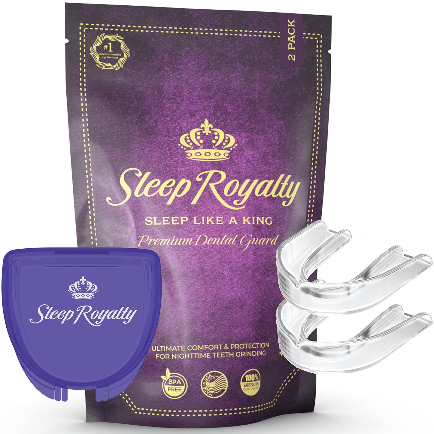 Sleep Royalty Night Guard - Pack of 2 Premium Moldable Mouth Guards for Teeth Clenching and Grinding at Night (Clear), Protective Case Included