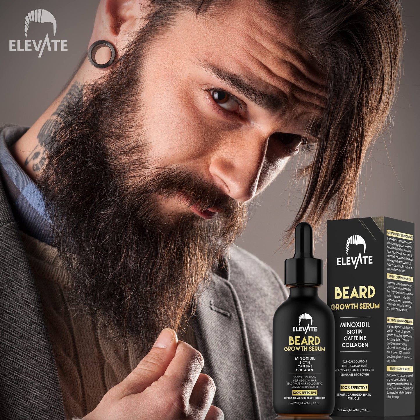 Elevate Beard Growth Oil 5% Minoxidil Hair Growth Serum with Biotin & Caffeine – Grow a Stronger Thicker Fuller Beard Faster – Natural Facial Hair Treatment for Grooming Thickening and Volume 1 Fl Oz