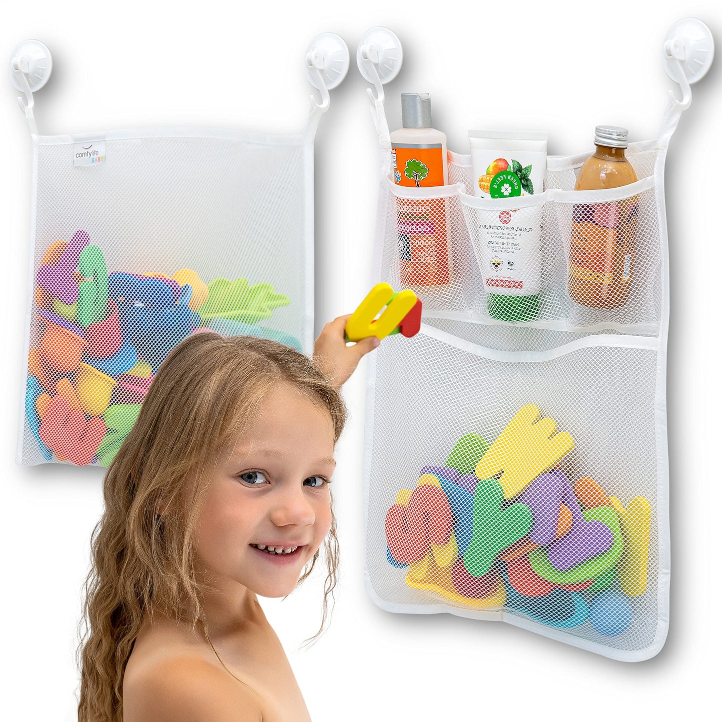 2 x Mesh Bath Toy Organizer + 6 Ultra Strong Hooks – The Perfect Bathtub Toy Holder & Bathroom or Shower Caddy – These Multi-use Net Bags Make Baby Bath Toy Storage Easy – For Kids & Toddlers