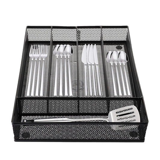 Cedilis Cutlery Tray, 5 Compartments Flatware Organizers, Metal Kitchen Utensil Drawer Silverware Tray, The Mesh Collection for Knives Spoons Forks with 4 Foam Feet, Black