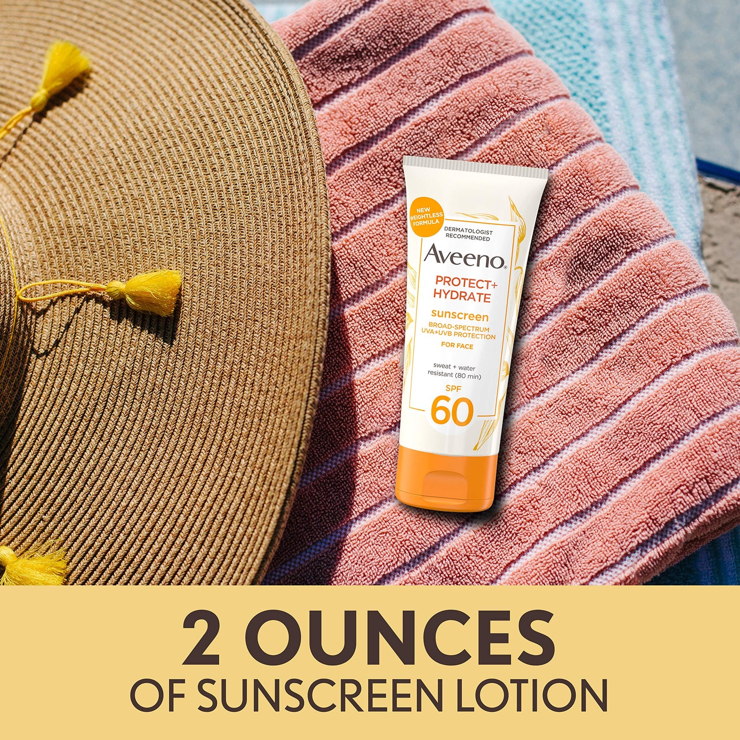 Aveeno Protect + Hydrate Moisturizing Face Sunscreen Lotion With Broad Spectrum Spf 60 & Prebiotic Oat, Weightless & Refreshing Feel, Paraben-free, Oil-free, Oxybenzone-free, 2.0 ounces