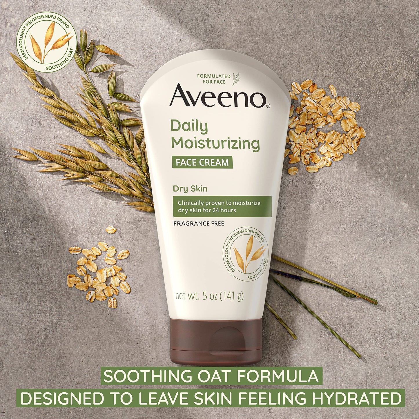 Aveeno Daily Moisturizing Fragrance-Free Prebiotic Oat Face/Facial Cream Clinically Proven to Moisturize Dry Skin for 24 Hours, Paraben-, Fragrance- & Dye-Free, 5 oz